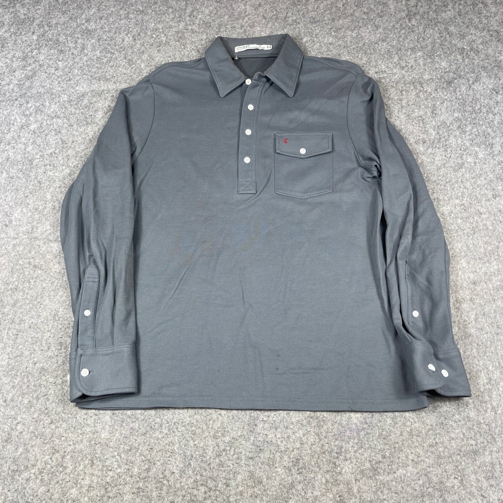 Criquet Pima Cotton Piqué Polo Shirt Mens Medium Grey Long Sleeve Button Pocket